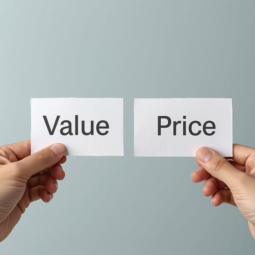 A photo of two hands holding separate pieces of paper, one saying Value and the other Price, similar to the provided reference image.