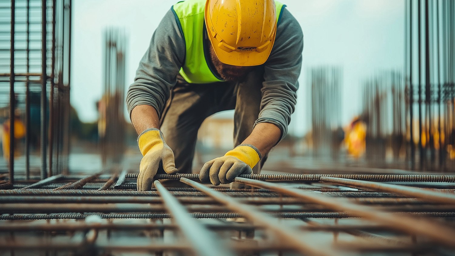 Ein Bauarbeiter, der auf einer laufenden Baustelle Projektunterlagen und -dokumente durchsieht