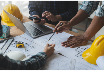 Construction project documents and plans representing document asset management for proposals, project documentation, safety materials and approved files