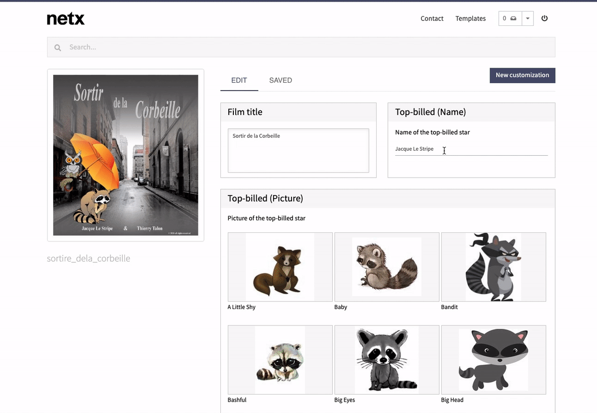 Animated NetX AdBuilder interface showing a branded template being customized with approved text and image options, representing controlled creative asset management for non-designer users