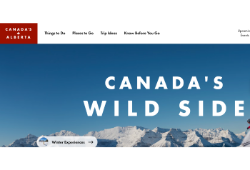 Travel Alberta website showing mountain destination imagery, representing how destination marketing teams use approved travel photos and video across public-facing channels