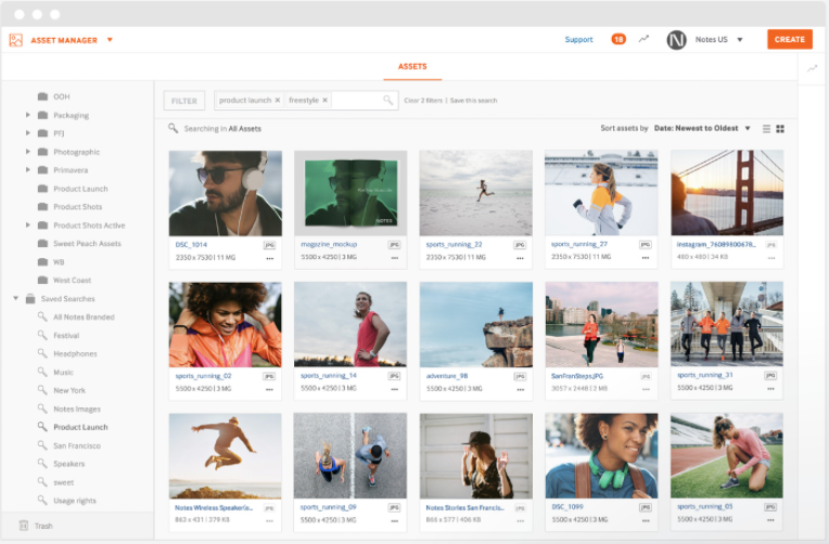 Percolate Asset Manager displaying NetX DAM folders, saved searches and a gallery of image assets available for use