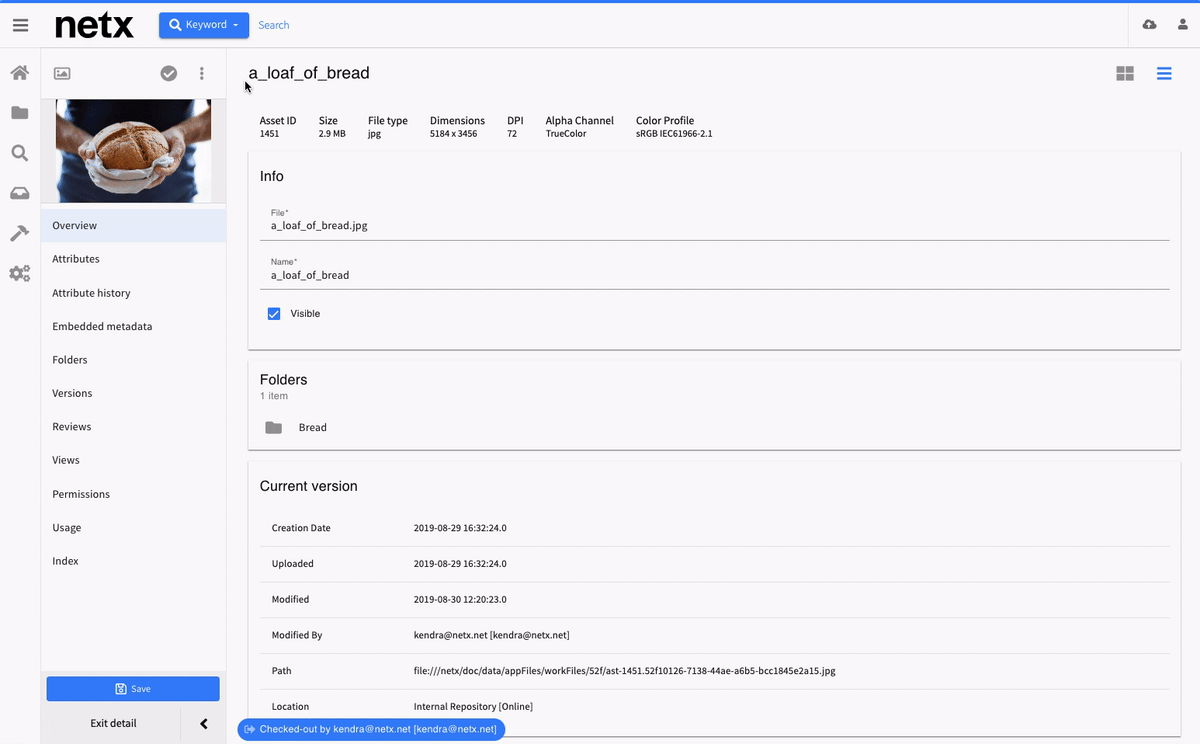 Digital asset workflow interface showing approved asset versions and content management