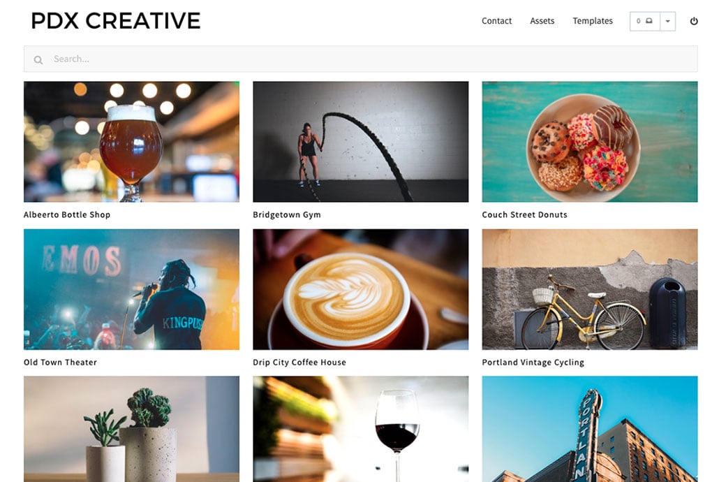 Digital asset management dashboard displaying image library with search and categories