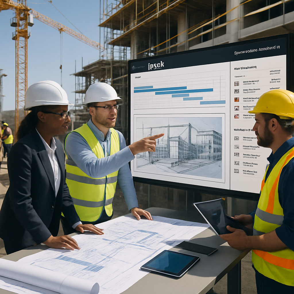 The image depicts a modern construction site bustling with activity. In the foreground, a diverse team of professionals—engineers, architects, and construction workers—collaborates around a large digital screen displaying the NetX Digital Asset Management interface. The screen shows a detailed project plan, complete with timelines, resource allocations, and construction documents. Surrounding them are cranes and scaffolding, with workers in hard hats and safety vests engaging in various tasks. Bright blueprints are strewn across a table, while tablets and laptops are used for real-time updates. The background features a partially constructed building, highlighting the integration of technology and traditional construction methods. The sky is clear, symbolizing a promising day ahead as the team focuses on delivering quality results efficiently.