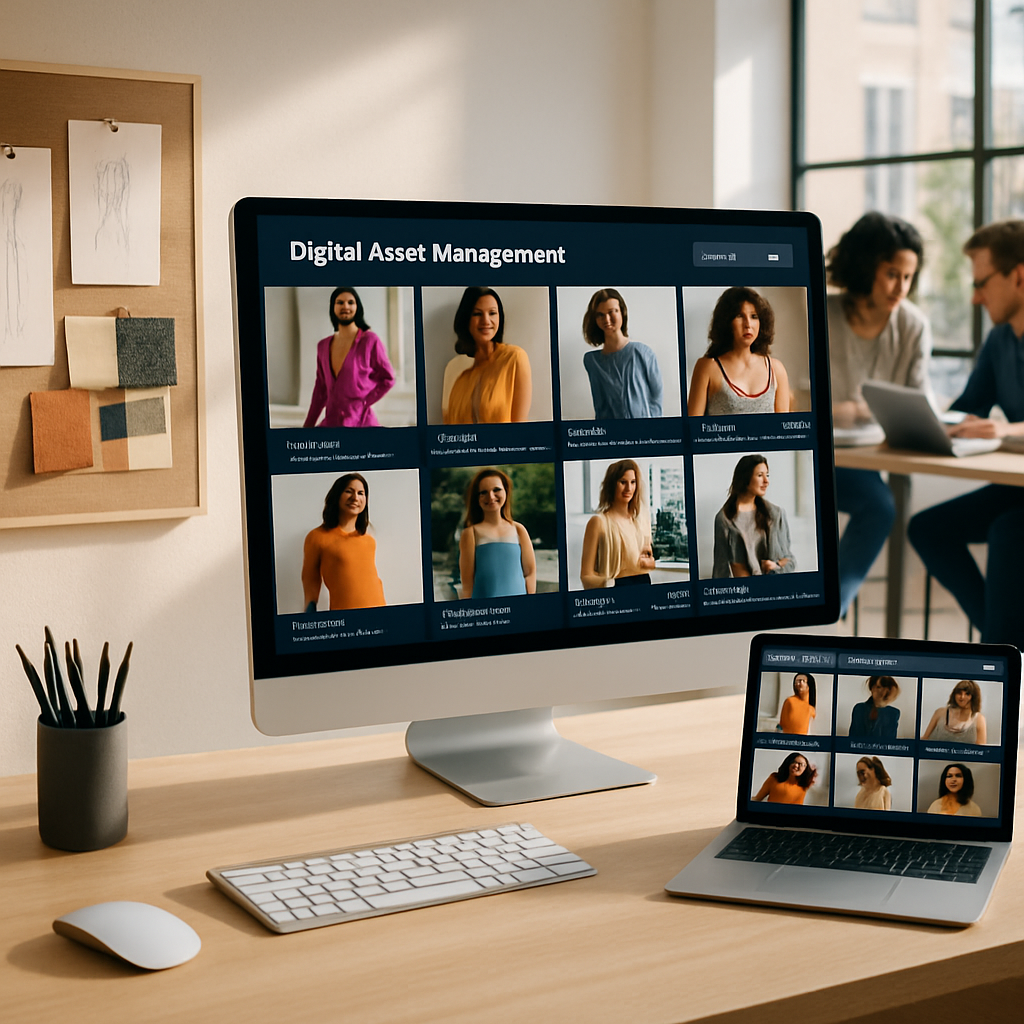 The image features a sleek, modern digital workspace designed for fashion brands, showcasing a vibrant, organized dashboard of a Digital Asset Management (DAM) system. The screen displays a grid of high-resolution visual assets, including striking campaign images, lookbooks, and lifestyle shots, each tagged with metadata such as SKUs and usage rights. Surrounding the screen are stylish, minimalistic office elements: a chic desk with a laptop open to the DAM interface, creative sketches pinned on a corkboard, and a mood board featuring fabric swatches and color palettes. Soft, natural light filters through large windows, illuminating the space and adding a sense of inspiration. In the background, team members collaborate, discussing ideas while reviewing digital assets on tablets and laptops, embodying the fast-paced, dynamic environment of the fashion industry. The overall atmosphere is one of creativity, efficiency, and modernity, reflecting the innovative approach of using technology to enhance storytelling in fashion.