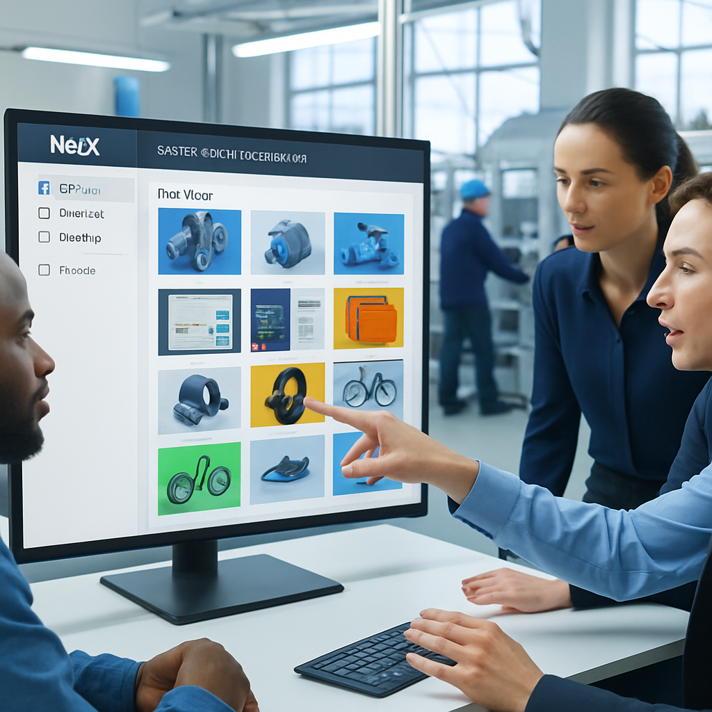 The image depicts a modern digital workspace showcasing the NetX Digital Asset Management (DAM) solution tailored for the manufacturing industry. In the foreground, a sleek computer screen displays a user-friendly interface filled with organized digital assets, including technical documents, CAD files, product images, and spec sheets, all tagged with metadata for easy retrieval. Surrounding the screen, various team members collaborate, engaged in discussions and reviewing assets on tablets and laptops. A vibrant manufacturing floor is visible through a large glass window, with engineers and marketers working together seamlessly. Colorful infographics and charts adorn the walls, illustrating the workflow processes and product lifecycle stages enabled by NetX. The scene conveys a sense of efficiency and innovation, emphasizing the integration of technology in streamlining operations and enhancing collaboration across departments. Bright lighting and a clean, modern design create an inviting atmosphere that underlines productivity and organization.