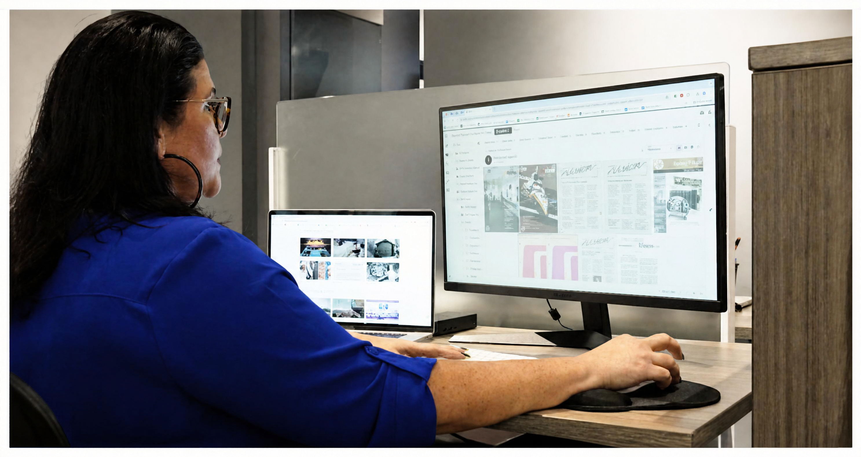 Team member reviewing digital assets in NetX DAM on a desktop monitor and tablet