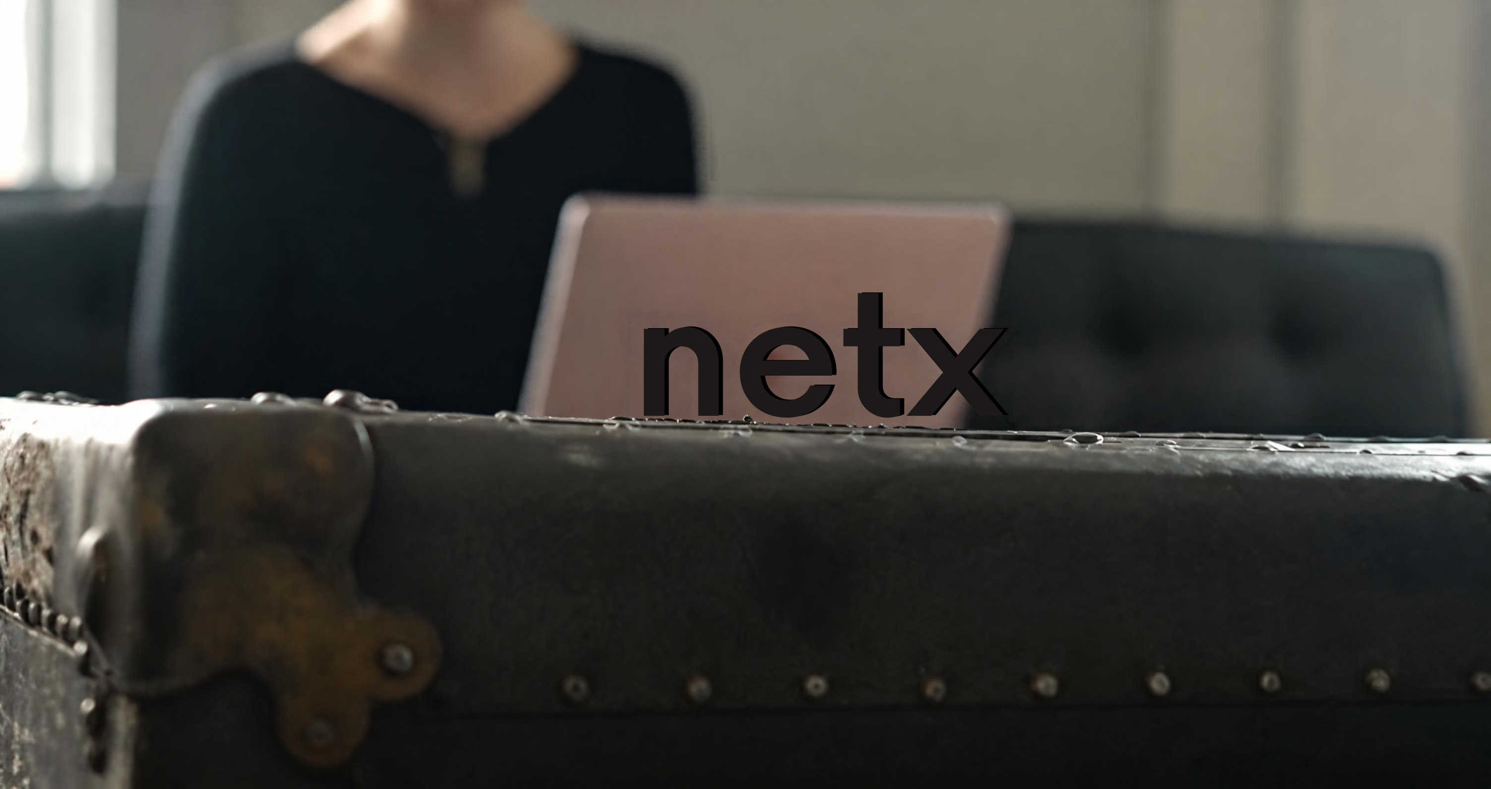 Close-up of the NetX logo displayed on a metal surface