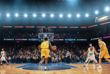 College basketball players competing during a game, representing DAM solutions for collegiate athletics teams managing sports photos, video and approved media