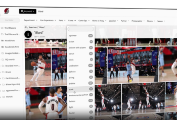 NetX DAM screenshot showing sports images filtered with metadata, representing sports digital asset management for finding collegiate athletics photos by team, event and other details
