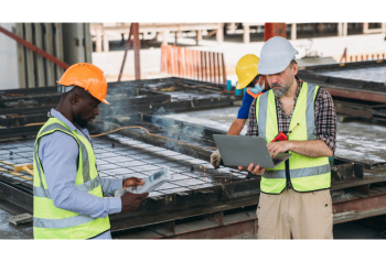 Construction teams reviewing project materials, representing how DAM for construction helps teams manage project photos, documents and jobsite content across offices and field teams