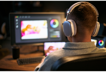 Designers reviewing color and layout materials at a desk, representing the time creative teams spend finding source files, approved imagery and brand details for repeated asset requests