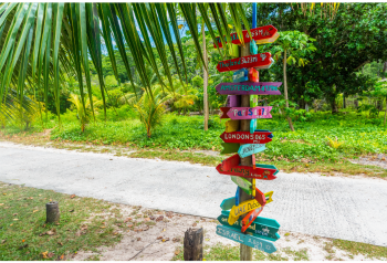 Colorful signpost pointing toward international destinations in a tropical setting