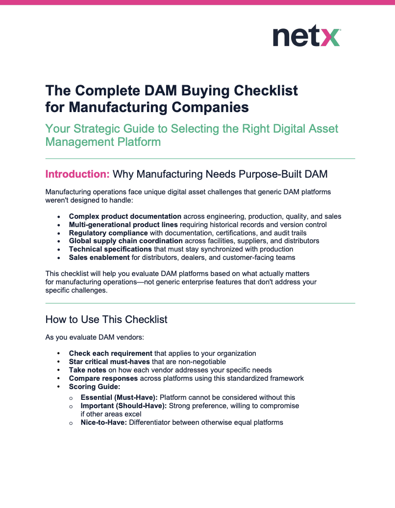 Screenshot of the NetX Digital Asset Management for Manufacturing Buyer’s Guide for evaluating DAM solutions, enterprise DAM capabilities and manufacturing workflows