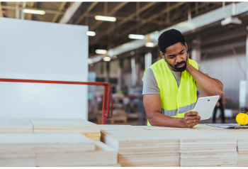 A manufacturing plant employee looking at manufacturing content on a tablet