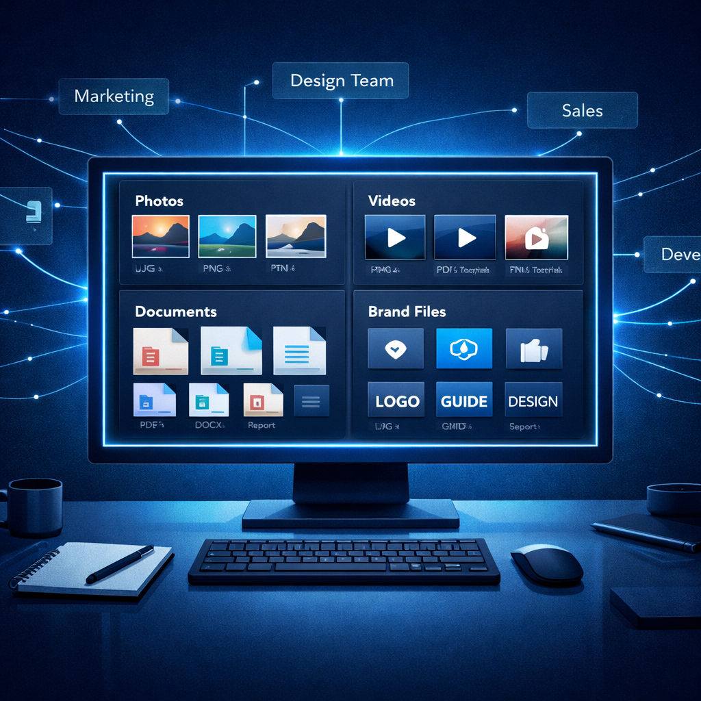 Illustration of a digital asset management interface organizing photos, videos, documents, and brand files into categories.