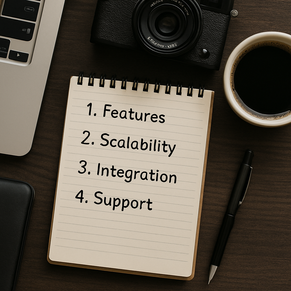 Notebook listing features, scalability, integration, and support as criteria for choosing enterprise digital asset management software.