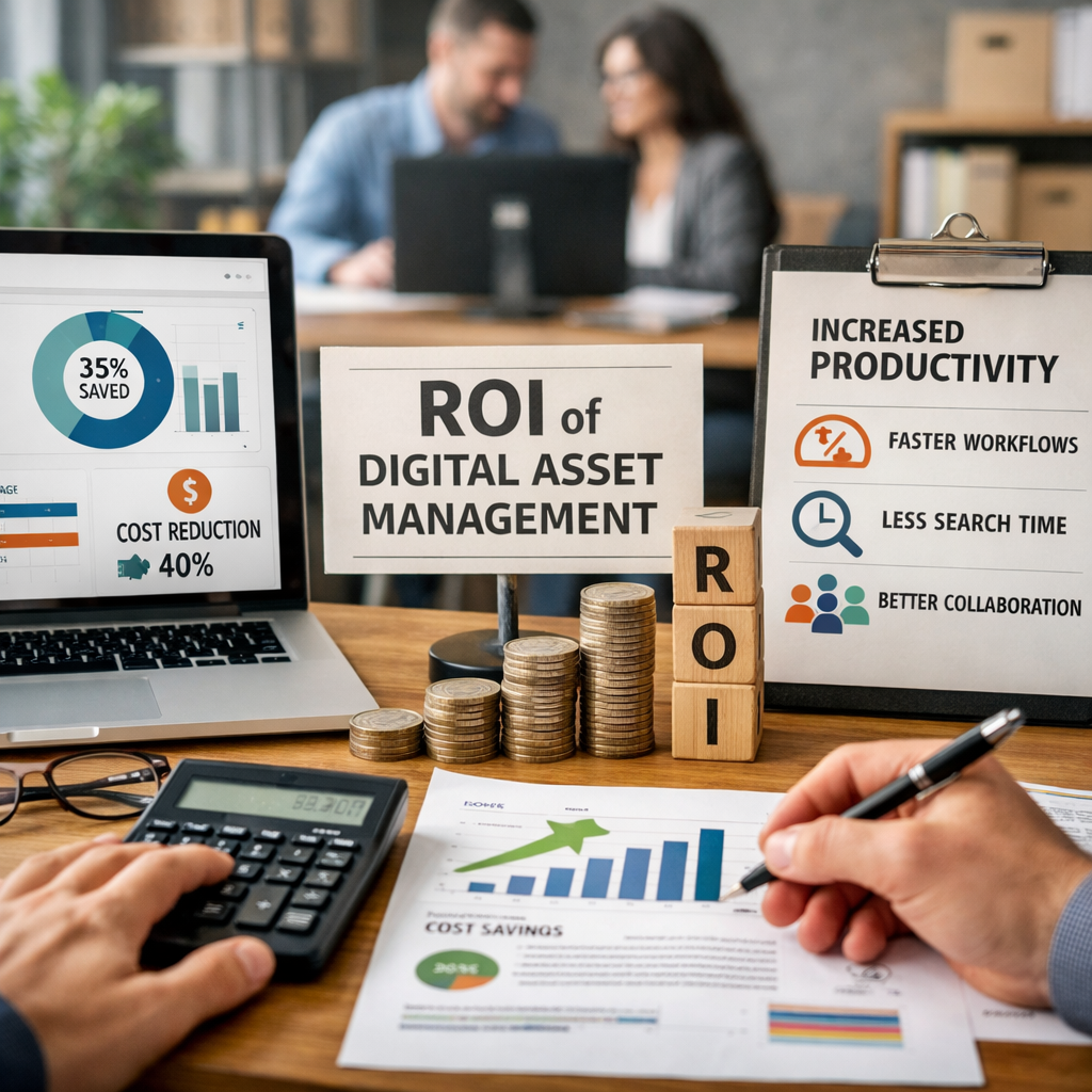 Digital asset management ROI illustration showing cost reduction, increased productivity, faster workflows, and improved collaboration.