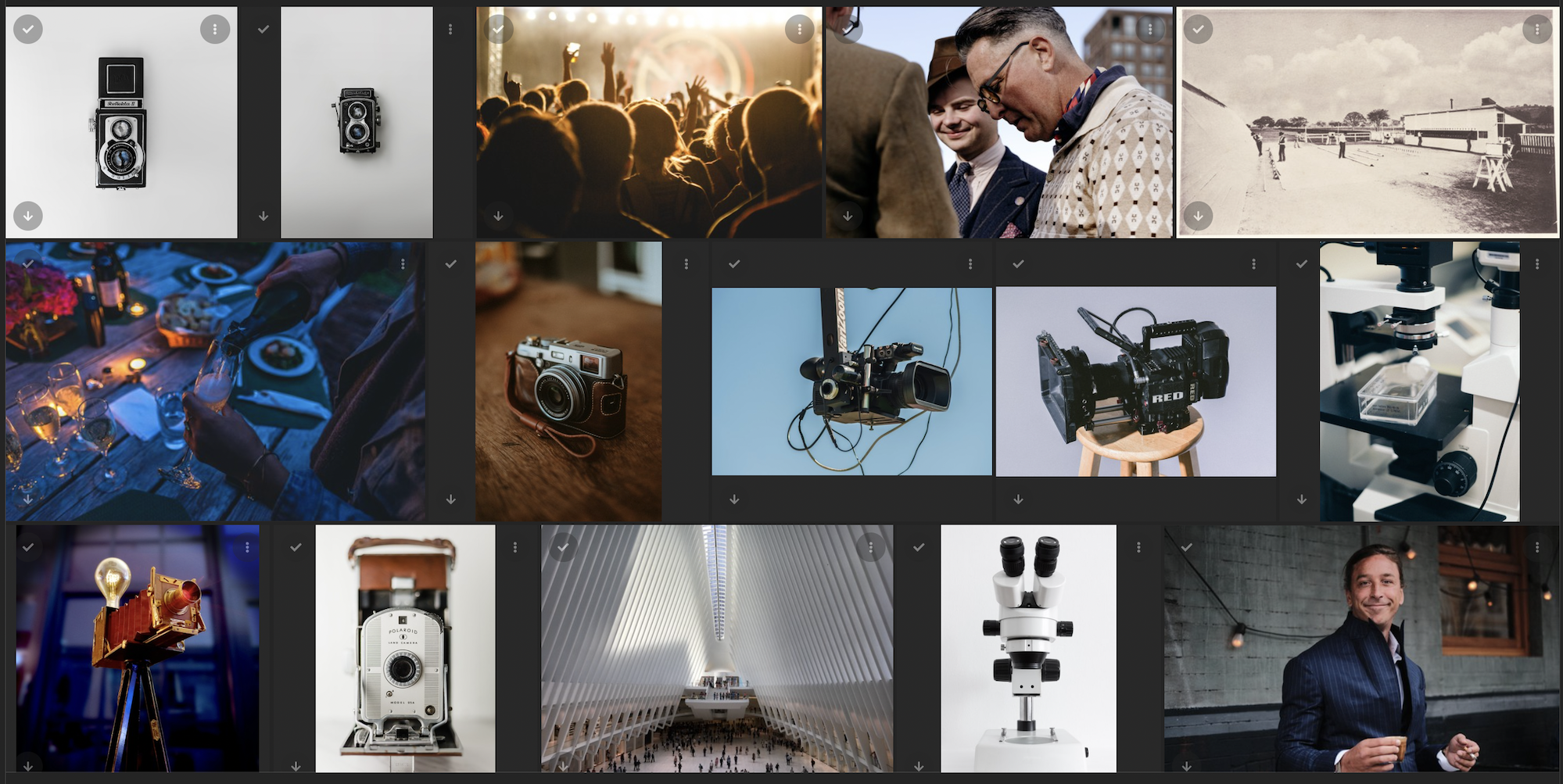 Digital archive displaying a collection of historical photographs, vintage cameras, film equipment, and other visual media assets.