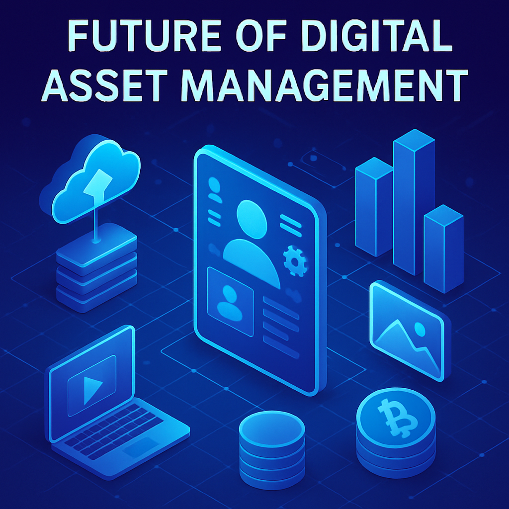 Blue digital illustration showing cloud storage, user profiles, media files, and analytics representing the future of digital asset management.
