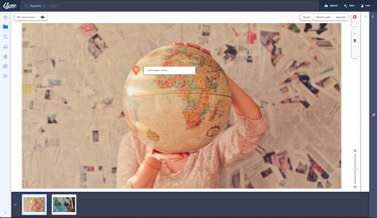 NetX Review and Approval interface displaying an image of a person holding a globe with an annotation marker for creative feedbac