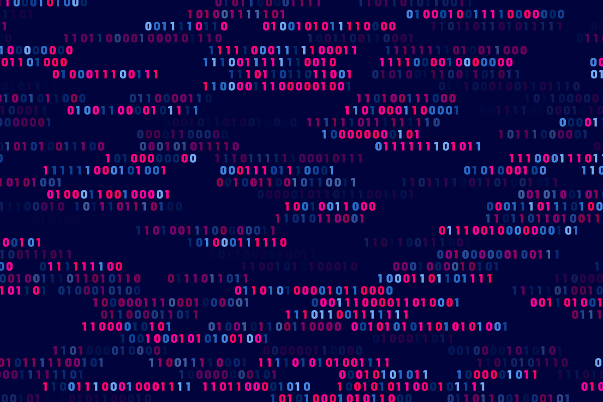 Abstract visualization of binary data in blue and pink representing digital asset metadata and information organization.