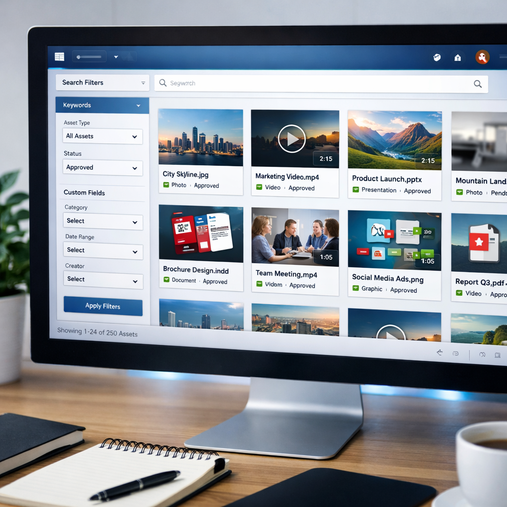 Digital asset management interface showing metadata filters and an organized library of images, videos, presentations, and documents.