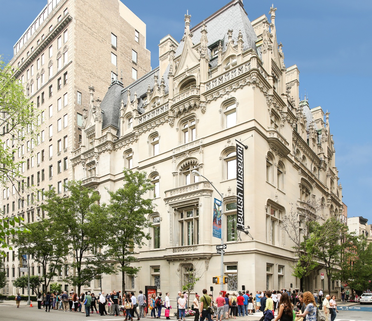 Exterior of the Jewish Museum in New York City, featuring its historic architectural facade and museum banners.