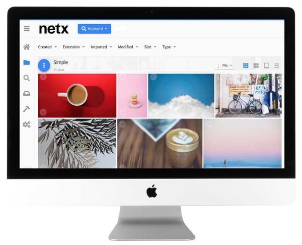 NetX digital asset management interface displaying a grid of photographs and image thumbnails organized in a visual asset library.