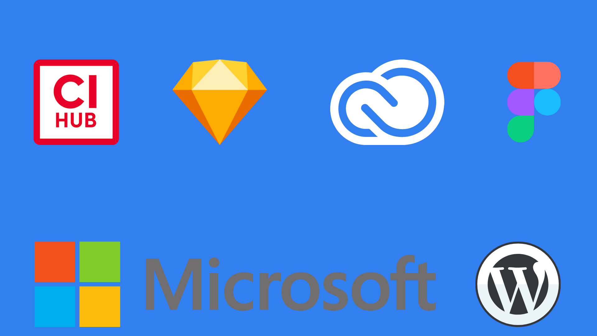 CI HUB integration graphic featuring Sketch, Adobe Creative Cloud, Figma, Microsoft, and WordPress logos for connected creative workflows.